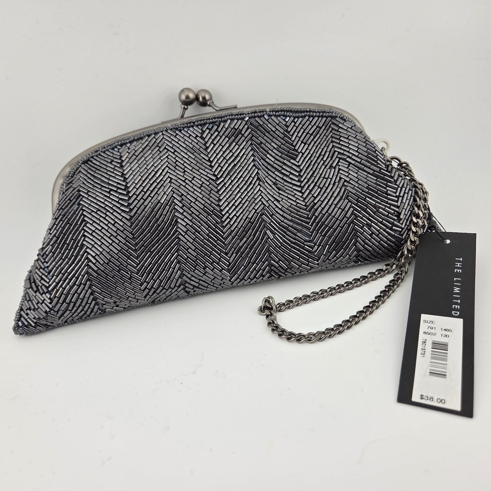 The Limited Beaded Dark Gray Evening Wristlet Bag Purse Clutch Kisslock Formal